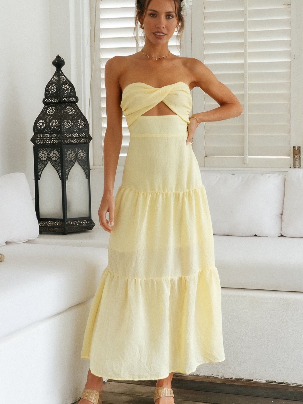 Fortunate One Strapless Twist Front Tiered Maxi Dress - Yellow